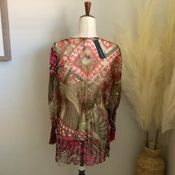 Kay Celine Multicolored Sheer Tunic with Beaded Neckline, NWT, Size S - Picture 3 of 16